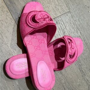 Gucci Bright Pink GG Canvas Slide Sandals
